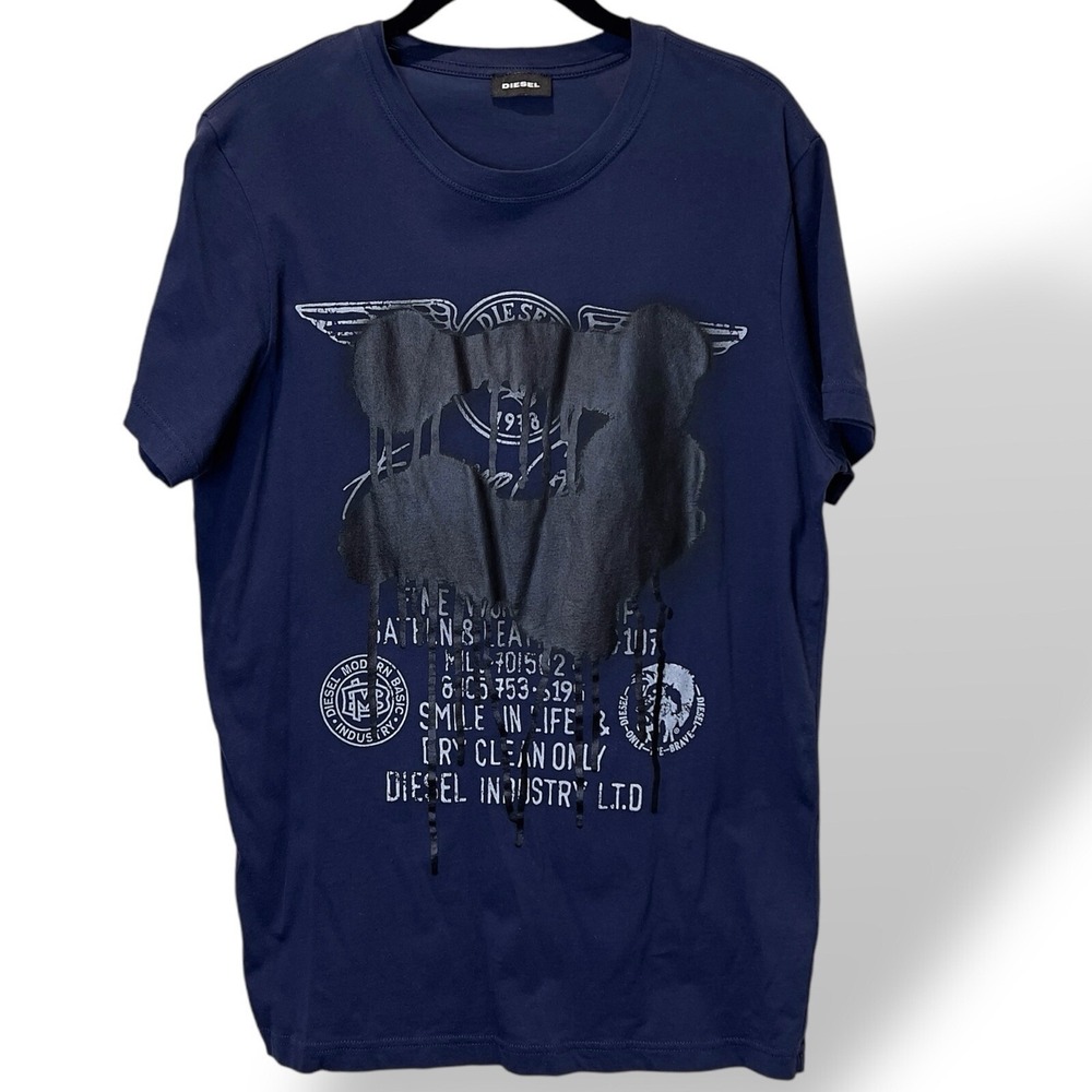 Diesel Men L Graphic Tee Navy White Streetwear Y2K ‎ Punk Rock Style Spray Paint